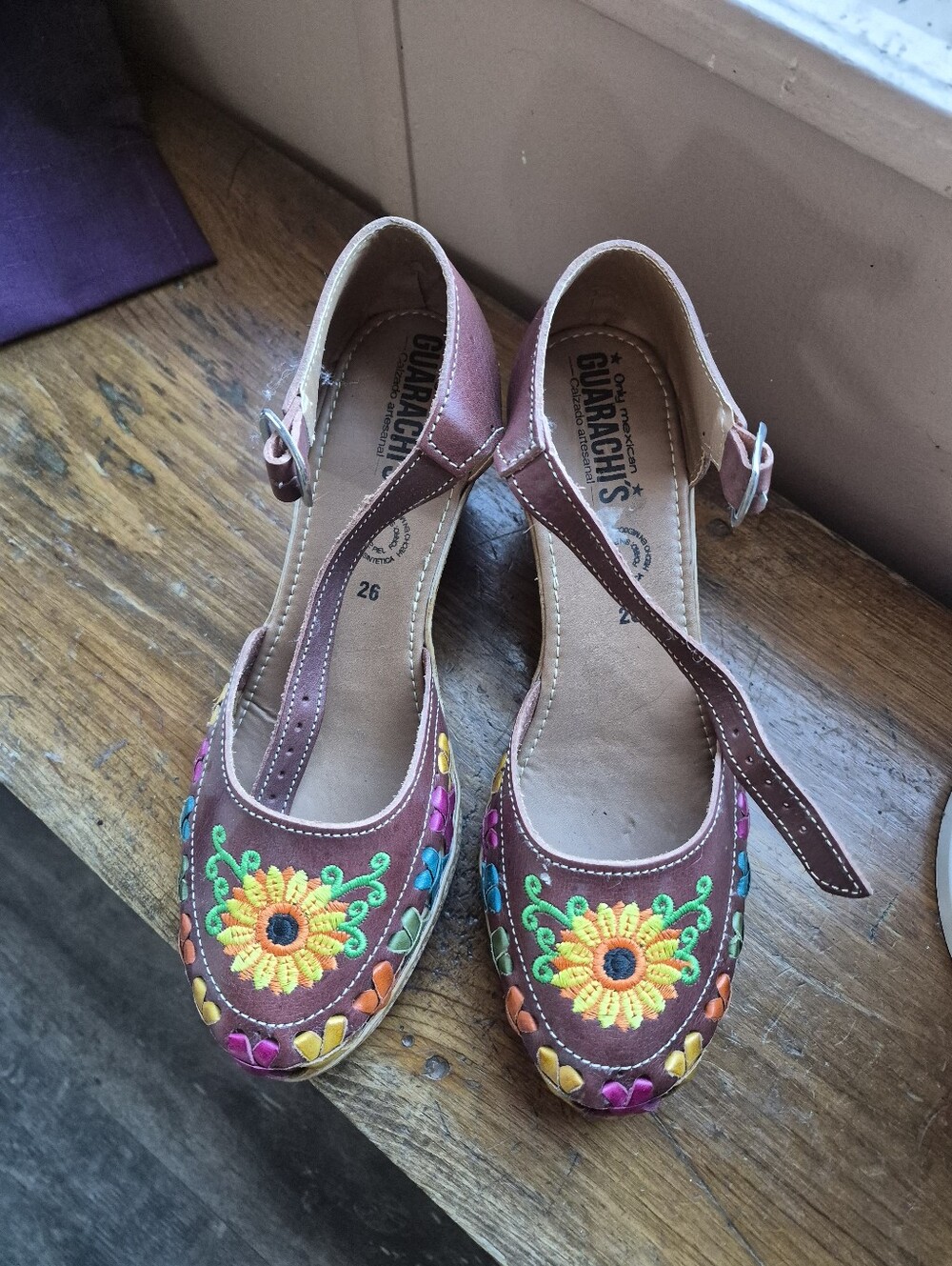 Guarachi's Brown Embroidered T-Strap Heels with Multicolor Floral Detail